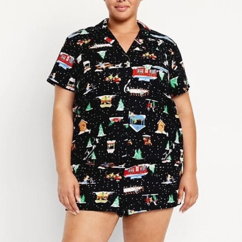 Old Navy Size M “I Love Snow” Flannel Pajama Button Top & Elastic Waist Shorts